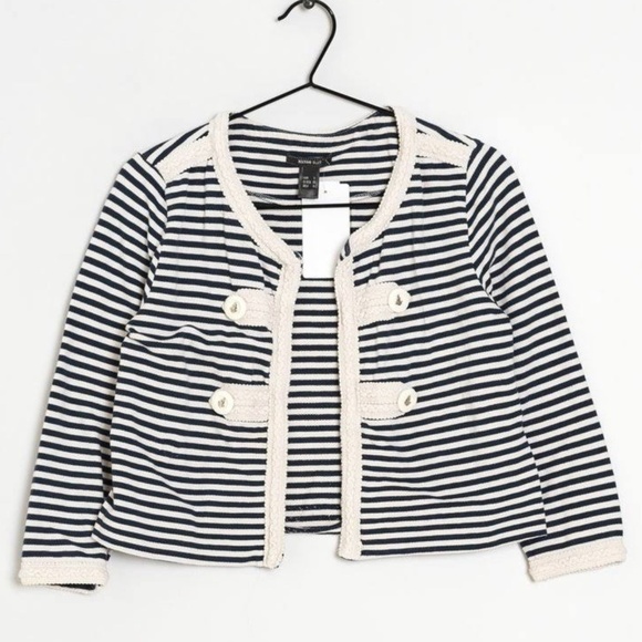 Mango Crop Cardigan Feminine Military Coastal Navy cream Sz Petite M - Picture 1 of 11